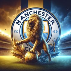 an image of a lion with a soccer ball in front of the manchester logo on a stadium