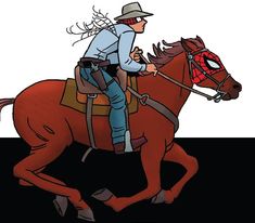 a man riding on the back of a brown horse next to a spiderman mask