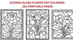 stained glass flower coloring pages with flowers in vases on the left and right sides