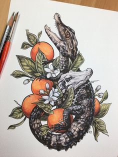 a drawing of two alligators eating oranges on a tree with leaves and flowers