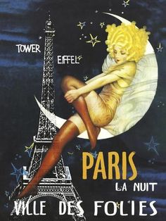 an advertisement for the eiffel tower in paris with a woman sitting on the moon