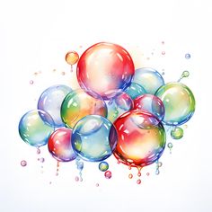 colorful balloons floating in the air on a white background with water droplets and bubbles around them