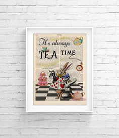 a framed print with the words it's always tea time and a rabbit in a dress