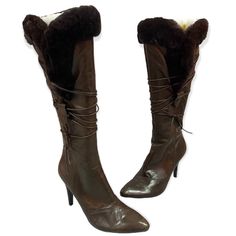 Condition: 90s Vintage - Never Worn Brand: Nine West Material: Leather & Fur Color: Dark Brown Style: Heel Boots Brown Boots Styling, Vintage Boots Womens, Fur Boots Heels, 2000s Boots, Dior Boots, Black Patent Leather Boots, Knee High Heel Boots, Pointy Boots, Hoof Heels