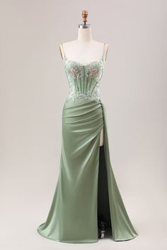 Enchanted Forest Dress Prom, Enchanted Forest Prom Dresses, Sage Green Prom Dress, Long Hoco Dresses, Lilac Prom Dress, Debs Dresses, Prom Dresses Ideas, Sequin Corset, Dress Sage Green