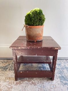 a potted plant sitting on top of a small wooden table next to a wall