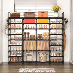 an organized closet with lots of shoes and purses on the shelves in front of it