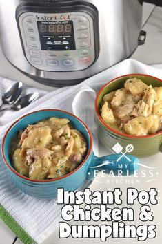 instant pot chicken and dumplings in front of an instant pot