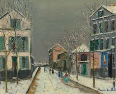 a painting of people walking down a snow covered street with buildings in the back ground