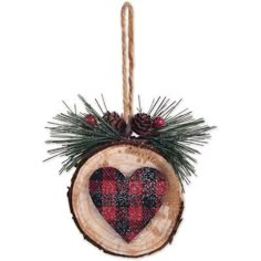 a wooden ornament with a heart and pine cones hanging from it's side