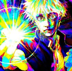 a painting of a person holding something in their hand with colored light coming out of it