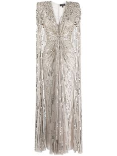 silver-tone sequin embellishment crystal embellishment gathered detailing cape design V-neck concealed rear zip fastening sleeveless flared hem floor-length Jenny Packham Wedding Dress, Masquerade Ball Outfit, Ball Outfits, Gold Couture, Dress Reference, Jenny Packham Dresses, Cape Designs, Cape Gown, Sequin Embellishment