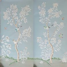 two wallpapers with birds and flowers painted on the same color as each other