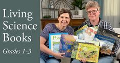 two people sitting on a couch with books in front of them and the words living science books