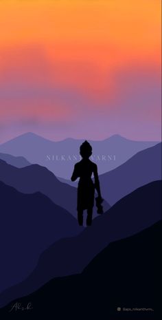 the silhouette of a person standing on top of a hill at sunset with mountains in the background