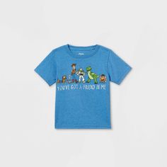 Fun will have another definition when you dress him in the Friend In Me Short-Sleeve Graphic T-Shirt from Toy Story. Made from a lightweight fabric, this toddler boys' short-sleeve T-shirt fills his warm-weather days with cool comfort. Fashioned in a blue hue, it features a graphic of his favorite Toy Story characters? from Slinky Dog, Woody, Buzz Lightyear, Forky, Rex and Mr. Potato Head? and the phrase "You've Got a Friend in Me" across the chest, making it an instant favorite in no time. Grea Birthday Boy Toy Story Shirt, Toy Story Themed Disney Shirts, Toy Story Tshirts, Toy Story T Shirt, Toy Story Shirt For Kids, Boy Disney Shirts, Disney Park Outfit, Slinky Dog, Toddler Boy Toys