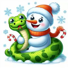 a snowman is hugging a snake in the snow