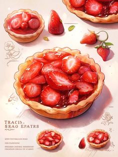 a drawing of some strawberries in a pie