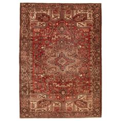 an antique persian rug with red and beige colors, on a white background is shown