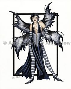 a drawing of a woman dressed in black and white striped stockings, with large wings