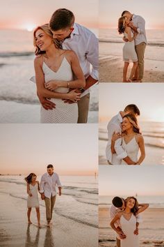 a couple kissing on the beach in front of the ocean at sunset with their arms around each other