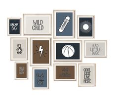 there are many different framed pictures on the wall with words and symbols in them, including basketball