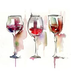 three wine glasses sitting next to each other on top of a white surface with watercolor stains