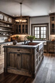 a large kitchen with wooden cabinets and an island in the middle, surrounded by wood flooring