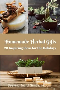 homemade gift ideas for the holidays including soaps, candles and herbs on a wooden table