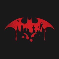 the dark knight batman logo with blood dripping down it's face and city skyline in the background