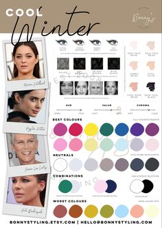 A Color palette for people with cool winter colouring Winter Color Analysis, Winter Skin Tone, Cool Winter Color Palette, Deep Winter Palette, Deep Winter Colors, Clear Winter, Mode Tips