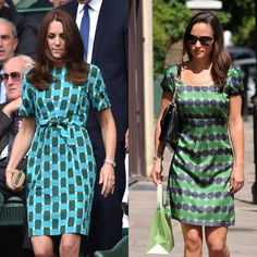 the two women are walking down the street wearing matching dresses and carrying shopping bags in their hands