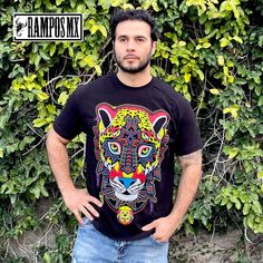 Handmade Serigraphy Print, Mexican Mens Jaguar T-Shirts Tiger Graphic Tees that are super stylish , bright and glow in Blacklight , Neon Lights, Mexican Art Skull Jaguar shirts , made by Artisans in Mexico in several designs . Mexican men Shirts. Short sleeve Men's apparel made of ultrasoft 100% cotton, this comfortable style is designed with a classic crew neckline, short sleeves and relaxed Fit, Our t-shirt is a perfect gift for that special person near you. Please check the Product images for Black Cotton Rave T-shirt, Black Rave T-shirt With Screen Print, Rave Multicolor Cotton Top, Multicolor Band Merch Top With Graphic Design, Glow In The Dark Short Sleeve Streetwear T-shirt, Short Sleeve Glow In The Dark T-shirt For Streetwear, Multicolor Graphic Design Top Band Merch, Multicolor Rave T-shirt For Streetwear, Multicolor Crew Neck Top For Rave