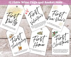 four wine tags with the words first date, first home and first christmas written on them