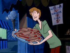 a cartoon character holding a platter of hot dogs