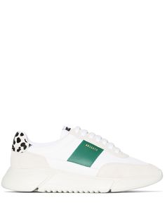 White and green leather Genesis Vintage Runner low top sneakers from AXEL ARIGATO featuring round toe, panelled design, front lace-up fastening, logo patch at the tongue, branded insole, contrasting heel counter, gold-tone logo lettering and ridged rubber sole. | Axel Arigato Genesis Vintage Runner low top sneakers Axel Arigato Genesis, Axel Arigato Shoes, Axel Arigato Sneakers, Leopard Print Heels, Axel Arigato, Low Top Sneakers, Boot Bag, Vintage Runner, Green Leather