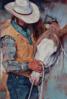 a painting of a man holding a horse's bridle while wearing a cowboy hat