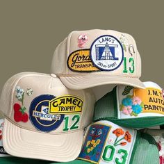 Trucker Hat Vintage, Hat Patch, Cap Design Ideas, Trucker Hat With Patches For Streetwear, Trucker Hat Inspo Patches, Hats With Patches, Cool Merch, Patch Hats, Vintage Hats