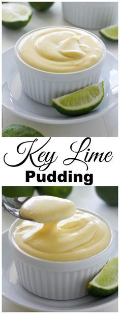 key lime pudding in a white bowl and on a plate next to sliced limes