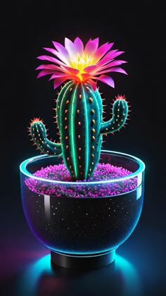 a cactus in a glass bowl filled with water and rocks, lit up by neon lights