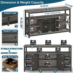 an image of a tv stand with measurements for the top and bottom drawers on it