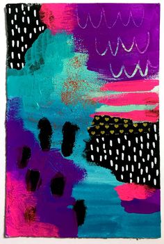 an abstract painting with black, pink and blue colors