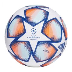 a soccer ball with an orange, blue and white design on the outside of it