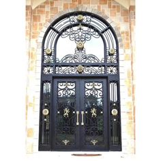 iron double exterior door with square top and round transom Iron Gate Door, Iron Stairs, Wrought Iron Entry Doors, Wrought Iron Front Door, Double Doors Exterior, Iron Front Door, Iron Entry Doors, Gate Door, Hotel Door