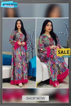 Arabian Muslim Fashion Print Dress Robe Multicolor Maxi Length Sets For Party, Spring Party Tunic Maxi Dress, Multicolor Printed Floor-length Dress, Spring Party Printed Kaftan, Multicolor Floral Print Long Sleeve Dress, Long Sleeve Kaftan For Summer Parties, Summer Long Sleeve Kaftan For Parties, Pink Printed Tunic Dress, Long Sleeve Summer Party Kaftan