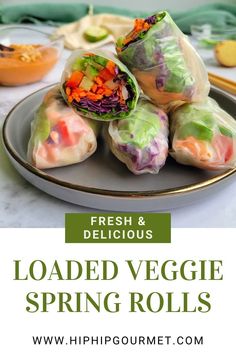 plate with fresh veggie spring rolls, top one cut in half, peanut sauce and limes in the background Veggie Rolls Recipe, Spring Rolls Recipe Rice Paper, Spring Rolls Peanut Sauce, Spring Roll Filling Ideas, Easy Spring Rolls Recipe, Spring Roll Peanut Sauce, Asian Spring Rolls