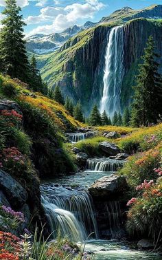 a painting of a waterfall in the mountains with wildflowers and trees around it