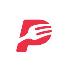 a red and white logo with the letter p in it's center, as well as two hands reaching for each other