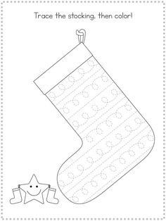 a christmas stocking is shown with the words trace the stockings, then color it