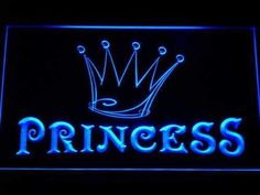 a neon sign that says princess with a crown on it's head in blue